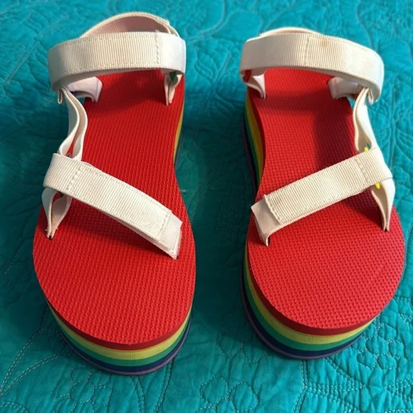 Teva Platform Sandals with Rainbow Sole and White Straps - Picture 2 of 7